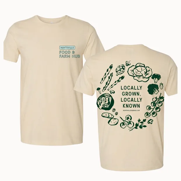 Cream Food Hub T-shirt with front and back artwork