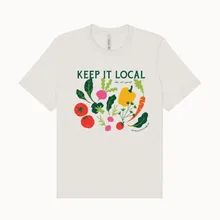 Vintage white Keep It Local T-shirt with illustrated produce